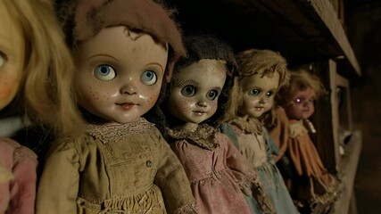 A collection of vintage dolls with eerie expressions arranged on a shelf in a dark, abandoned space captures the unsettling atmosphere