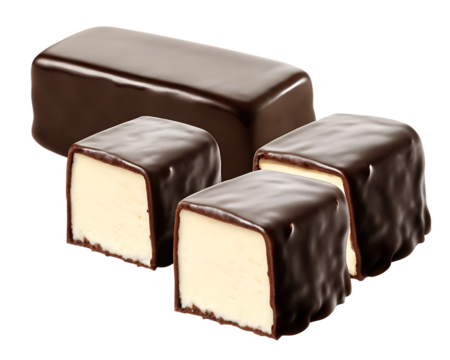 Chocolate-coated cheesecake bars with glossy dark chocolate exterior and creamy filling,isolated on white background PNG