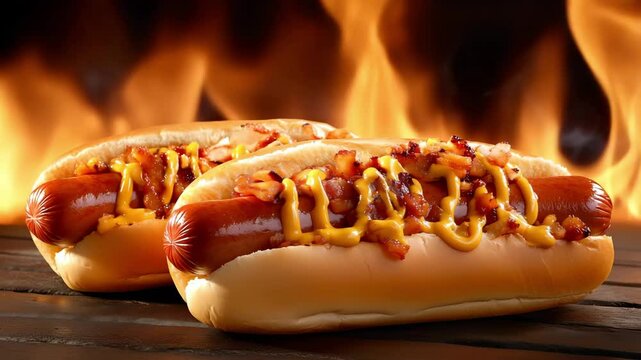 Hot dogs topped with mustard and bacon sizzle above an open flame during a backyard barbecue on a sunny day