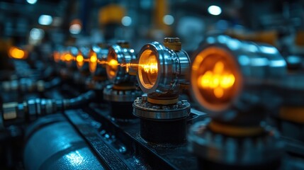 Close up view of industrial gauges with glowing indicators in factory setting