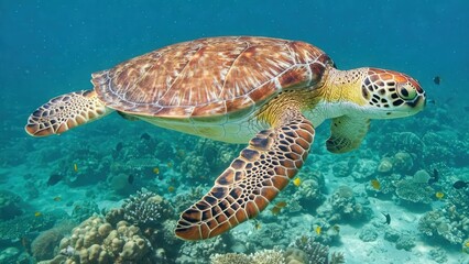 Fototapeta premium Close-Up Green Sea Turtle Swimming in Clear Tropical Waters with Coral Reef – World Turtle Day | World Sea Turtle Day | Sea Turtle | Save Turtle | 4K HD High Quality Turtle Laptop Desktop Wallpaper