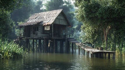 Obraz premium Rustic stilt house nestled in a tranquil swampy forest.