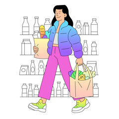 A Stylish Shopper Navigating a Grocery Store while Carrying Colorful and Trendy Bags