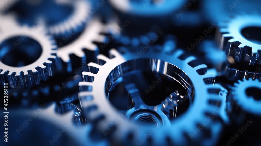 Poster Close-up view of intricate metallic gears, showcasing precision engineering and complex mechanics in a deep blue tone. : Generative AI