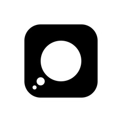 Black rounded square with a large white circle and two smaller white circles in the lower corner