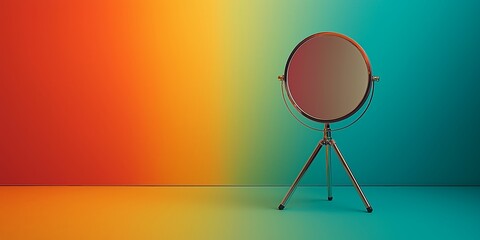 Minimalist mirror with pride flag stick on a colorful gradient background, emphasizing simplicity and vibrant colors