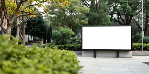 Blank billboard stands in a park surrounded by lush greenery and mature trees outdoors