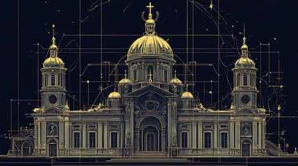 Fototapeta premium Architectural drawing of a cathedral, detailed design, planning stage, potential use for educational resources