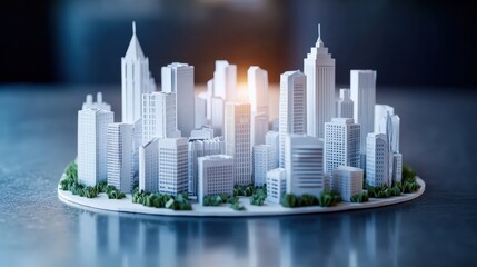 Fototapeta premium Architectural model showcasing a modern city skyline with detailed buildings and intricate design elements.