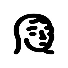 A simple black and white drawing of a person's face with stylized features and a minimalist design style