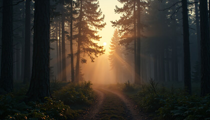 Obraz premium Sunlit Forest Path with Tall Trees and Mist