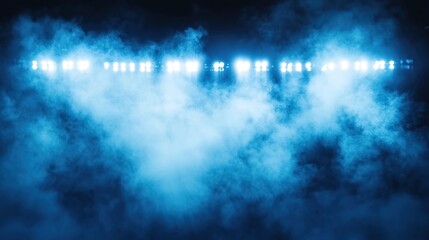 Obraz premium Bright stadium lights shining through blue smoke at night.