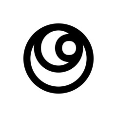 A stylized black and white circular design featuring crescent shapes and a central dot, simple and modern look