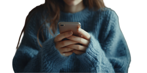 Woman using smartphone wearing a cozy blue knitted sweater indoors during cold weather wool yarn hands on transparent background