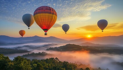 Naklejka premium Colorful hot air balloons floating over misty mountains at sunrise, symbolizing freedom and adventure in the landscape of Thailand.
