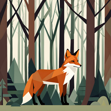 Flat vector of a fox in a forest, geometric shapes, earthy tones
