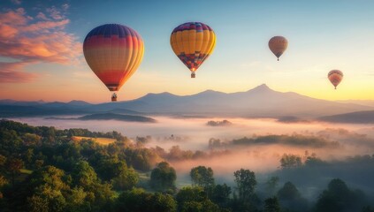 Fototapeta premium Colorful hot air balloons floating over misty mountains at sunrise, symbolizing freedom and adventure in the landscape of Thailand.