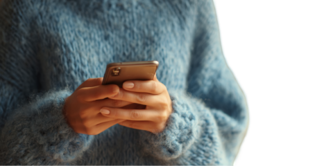 Woman in a cozy blue knit sweater using her smartphone modern technology wool hands media style image on transparent background
