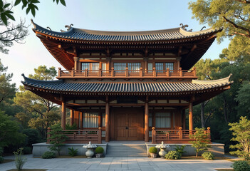 Fototapeta premium Midday Facade: A Close Shot of a One-Storied Building's Front, Captured at Noon on a Bright Day, Highlighting Architectural Details and Sunlight. 