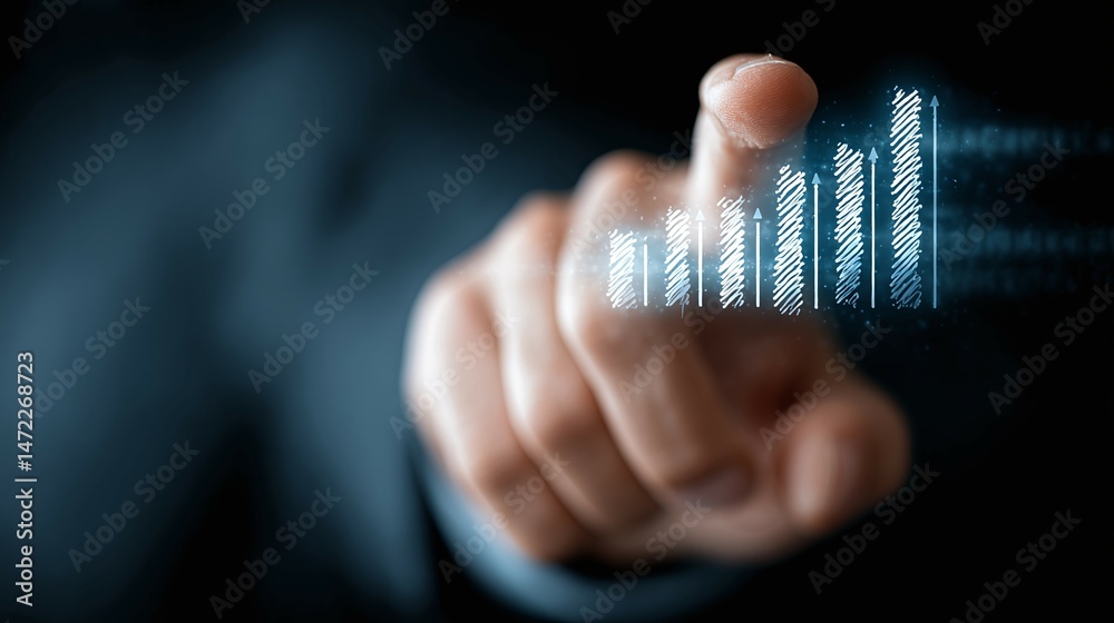 Wall mural hand touching a digital interface with glowing text against a dark background.