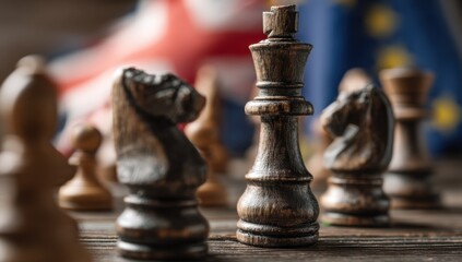 A dark wooden chess king piece stands prominently in the foreground, with other chess pieces and blurred flags of the UK and EU in the background, symbolizing political strategy and in : Generative AI