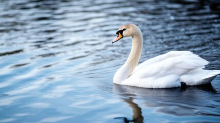 Elegant white swan gracefully gliding on calm blue water, its reflection mirrored below, a serene and peaceful scene. : Generative AI