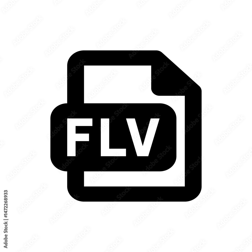 Poster black and white flv file format icon with rounded corners and bold letters representing video file t