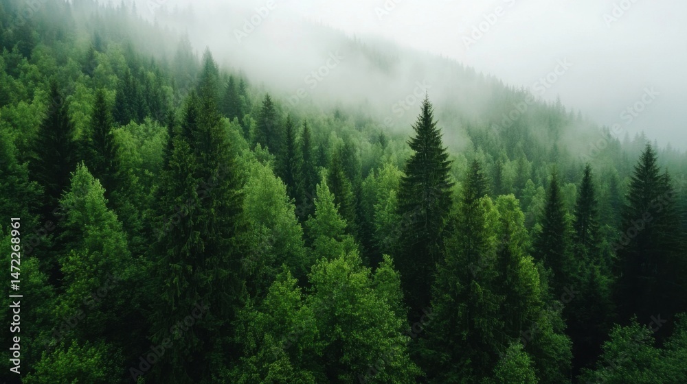 Poster misty mountain forest, aerial view of lush green coniferous trees shrouded in fog, creating a serene