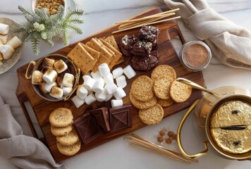 Assorted Sweets and Snacks on a Wooden Platter Featuring Marshmallows, Cookies, Chocolate, and Graham Crackers for a Cozy Gathering