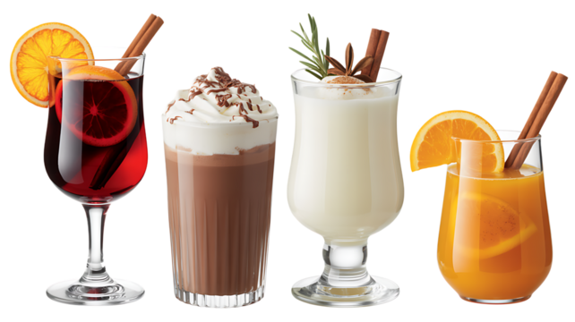 Four Festive Winter Drinks on Transparent Background