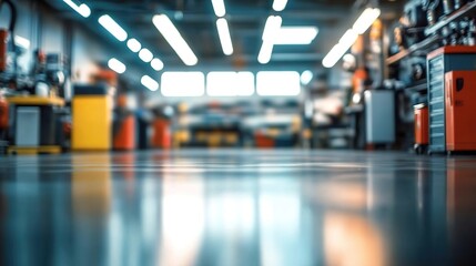 Fototapeta premium Spacious car repair workshop with shiny floors, tool cabinets, equipment, distant cars, and ceiling lights.