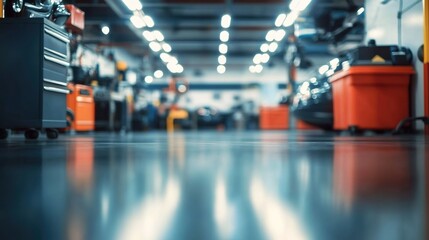 Obraz premium Spacious car repair workshop with shiny floors, tool cabinets, equipment, distant cars, and ceiling lights.