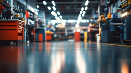 Spacious car repair workshop with shiny floors, tool cabinets, equipment, distant cars, and ceiling lights.