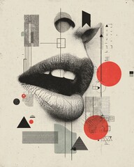 Abstract representation of a woman's lips surrounded by geometric shapes and contrasting colors
