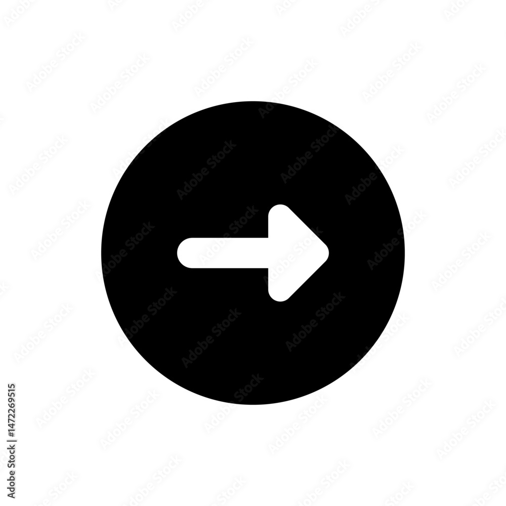 Poster white right arrow inside a black circle indicating forward direction and navigation on a user interf