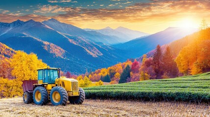 Naklejka premium Yellow tractor in autumnal mountain landscape.