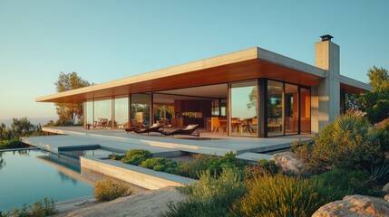 Fototapeta premium Modern hillside home sunset pool patio view