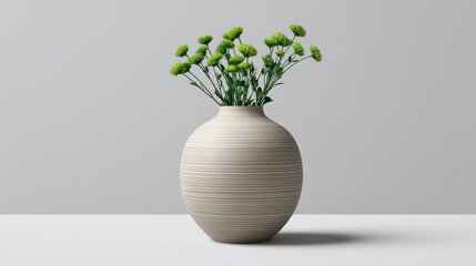 Green chrysanthemums are beautifully arranged in a stylish beige vase, creating a soothing and modern botanical display on a white surface against a light grey wall.