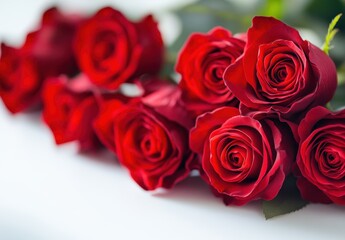 Obraz premium Beautiful Arrangement of Fresh Red Roses with Vibrant Petals and Lush Green Leaves for Romantic Occasions or Floral Decorations