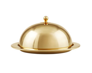 Luxurious golden food cloche with shiny reflective dome and matching plate isolated on white background PNG