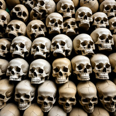 The photograph shows several human skulls in a Bolivian festival where death is venerated