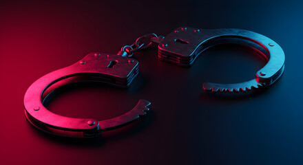 Detailed Metal Handcuffs on Dark Surface with Red and Blue Lighting for a Dramatic Effect Law Enforcement and Justice