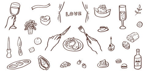 Hand drawn illustrations of restaurant meals and parties. Food for holidays and anniversaries. Food and drinks for dinners and lunches.