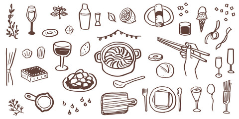 Hand drawn illustrations of restaurant meals and parties. Food for holidays and anniversaries. Food and drinks for dinners and lunches.