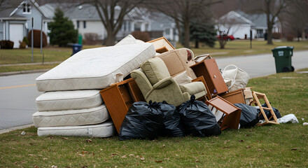Discarded Bulky Waste Heap with Mattress and Armchair by Street in Residential Area Under Muted Sky During Daytime