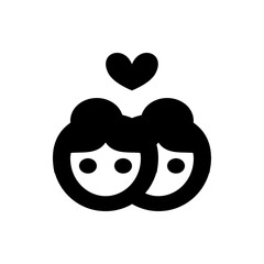Two stylized women with buns side by side under a heart in black and white simple love concept art