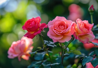 Fototapeta premium Beautiful pink and orange roses blooming in a lush green garden creating a vibrant and colorful atmosphere of nature's elegance and charm
