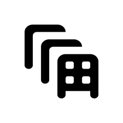 Three overlapping black shapes with rounded corners and a grid like structure in the bottom right corner