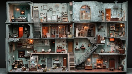 Detailed miniature multi-level building model with interior rooms.