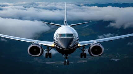 Naklejka premium A sleek airplane is captured flying directly toward the viewer amid a backdrop of fluffy clouds and a distant mountainous landscape. The scene is set against a bright blue sky